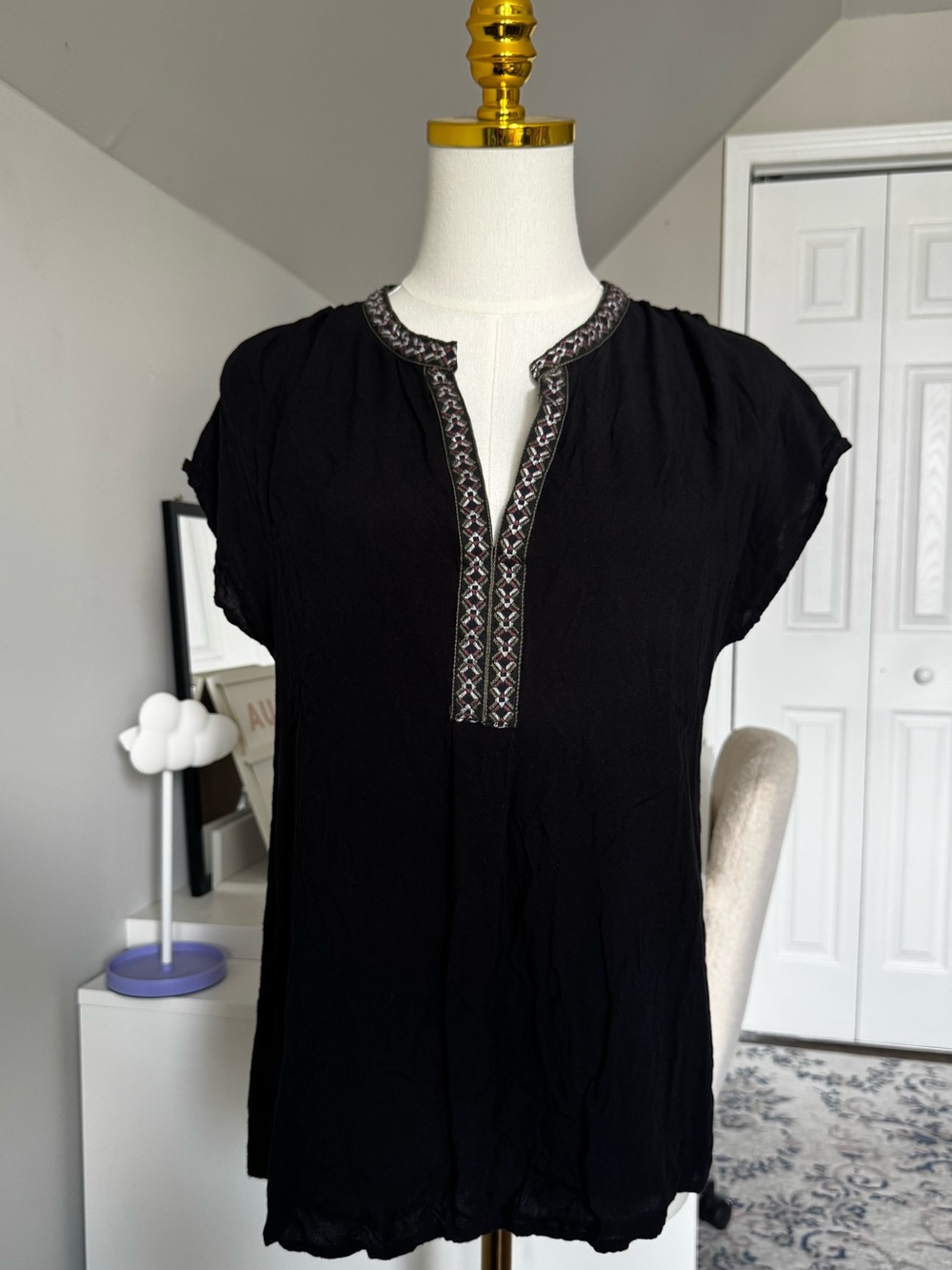 Pleione | Embroidered Trim Split Neck Blouse